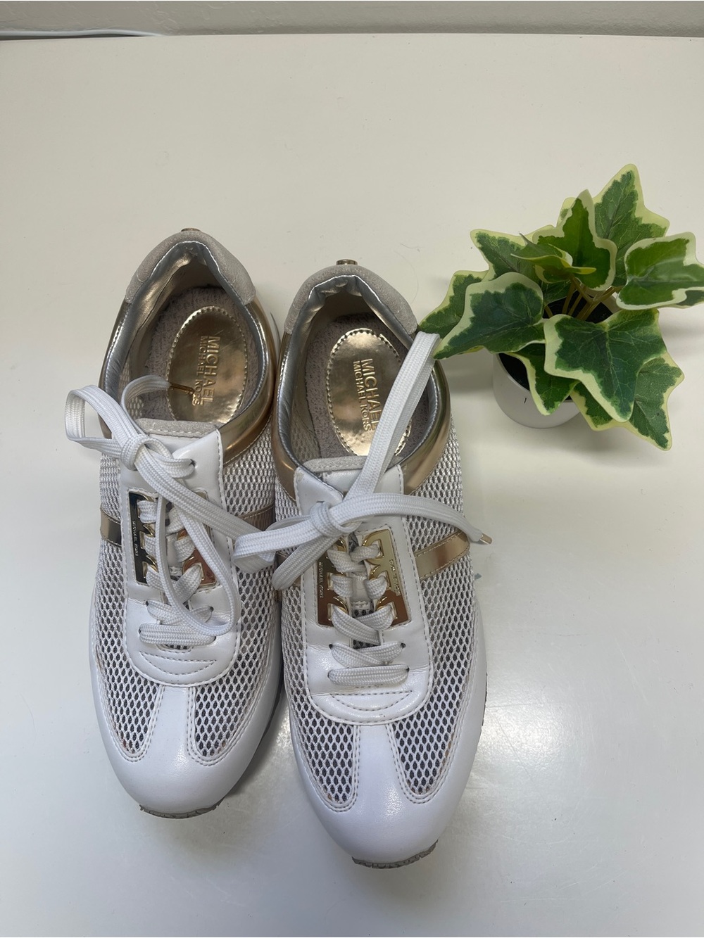 Michael Kors White Sneakers with Gold Accents - Mesh Lace-Up